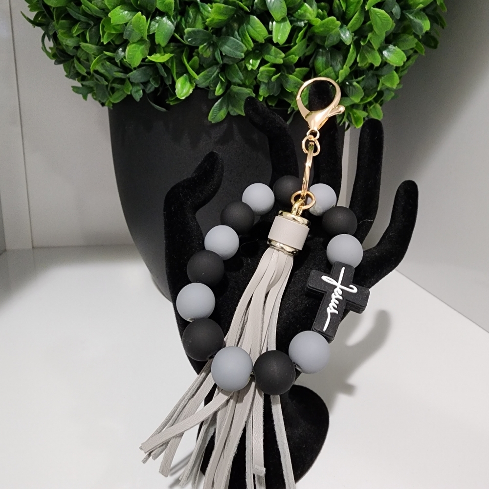 NWT Black & Grey Faith 'Jesus' Keyring Tassel Beaded Bracelet